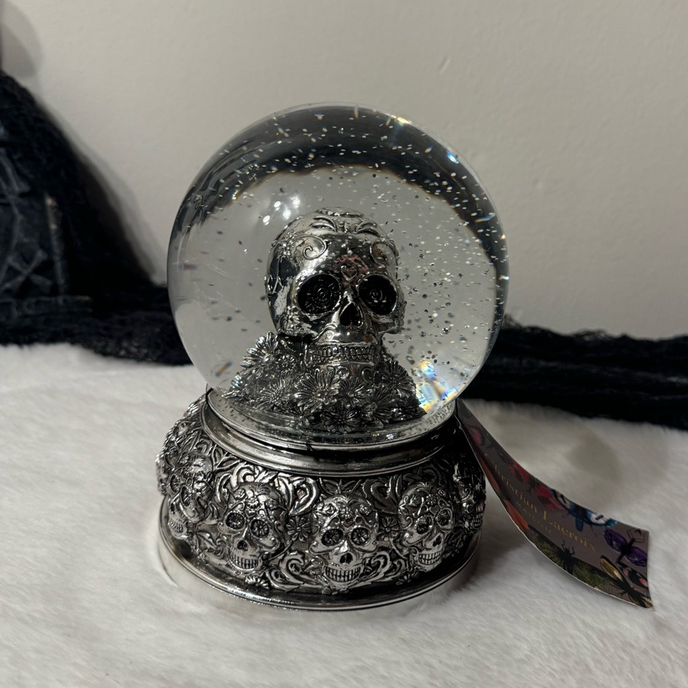 brand new Christian Lacroix Home Silver Skull Halloween snow globe table decor